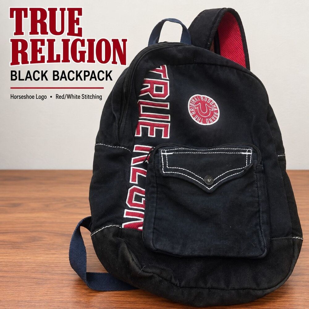 True Religion Backpack Black Red White Stitching Horseshoe Logo